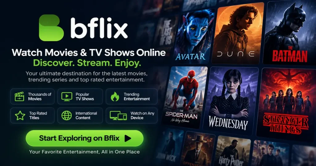 Bflix logo with a cinematic entertainment banner showcasing movies and TV shows